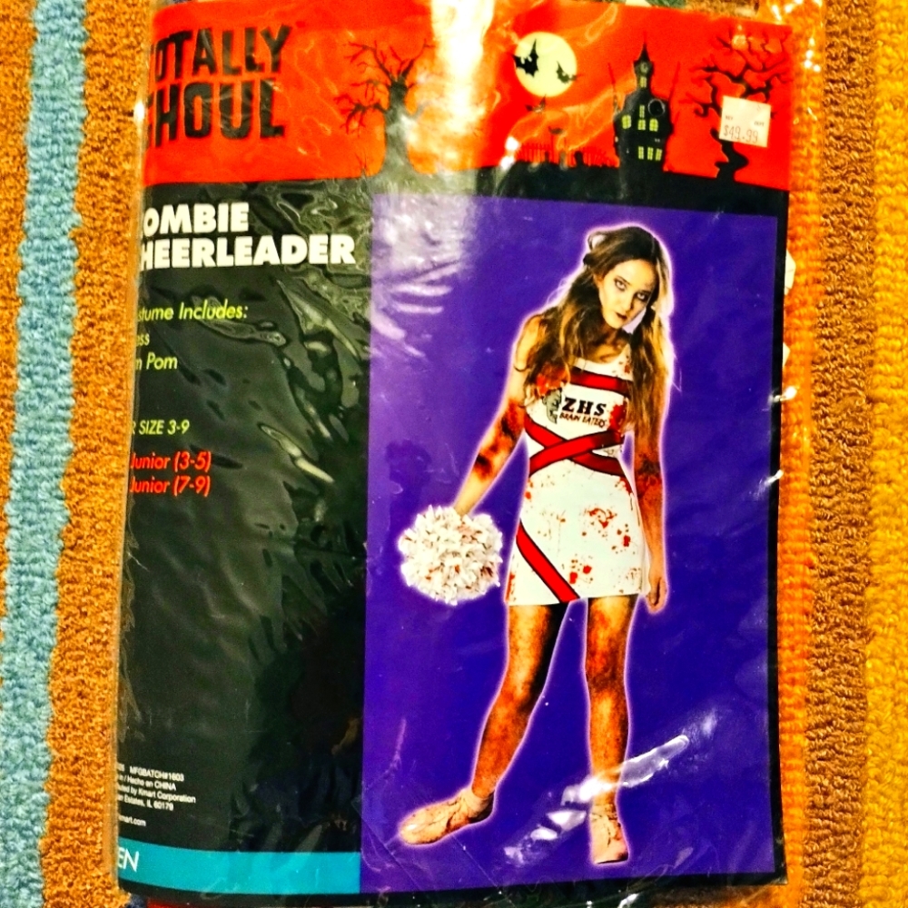 Zombie Cheerleader Junior 7-9 Halloween Costume Walking Dead ECU Pom Poms Dress